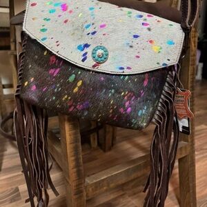 American Darling Brown Crossbody Bag with Fringe and Artistic Design